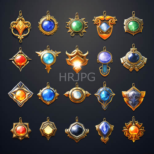 High Resolution: Shimmering purple and green gemstones crown gold pendants against gray surfaces download. | HRJPG.com