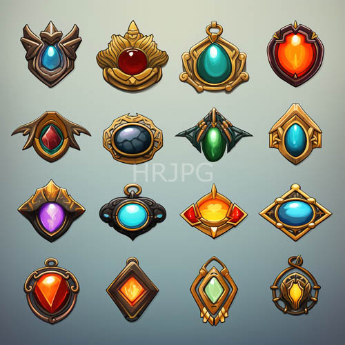 bronze amulets holding deep red gems align neatly over gradient backgrounds