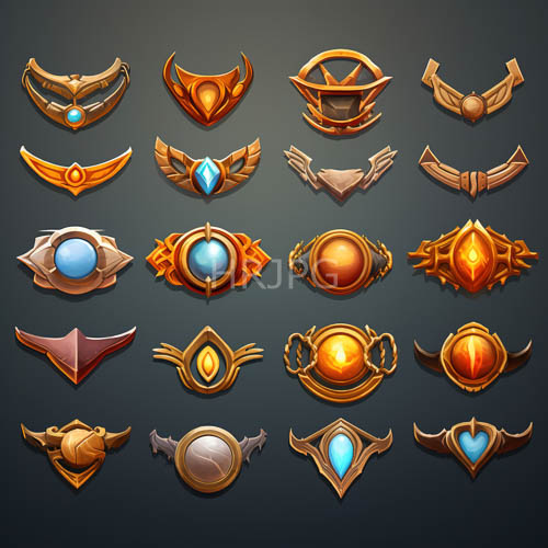 High Resolution: Organized rows display regal crowns and winged necklaces over dark gradients download. | HRJPG.com