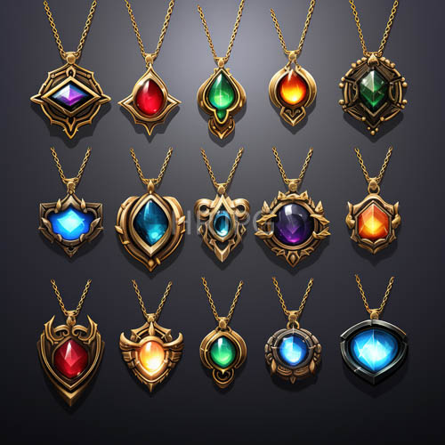 prismatic energy reflects off colorful gemstone pendants lining dark gray surfaces