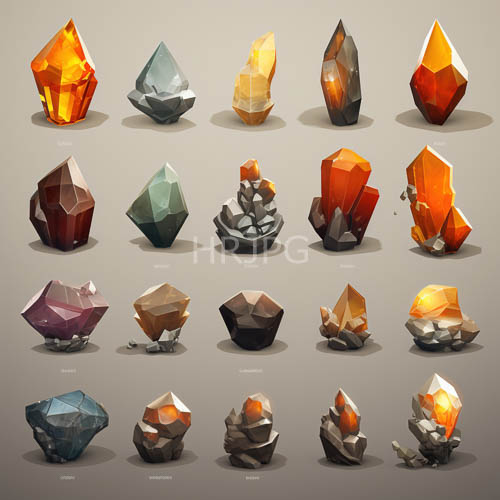sharp gray pyramid crystals anchor sixteen colorful gems on beige canvases