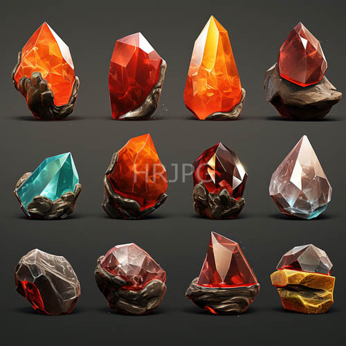 aquatic teal crystals introduce cool contrast against fiery orange red stones