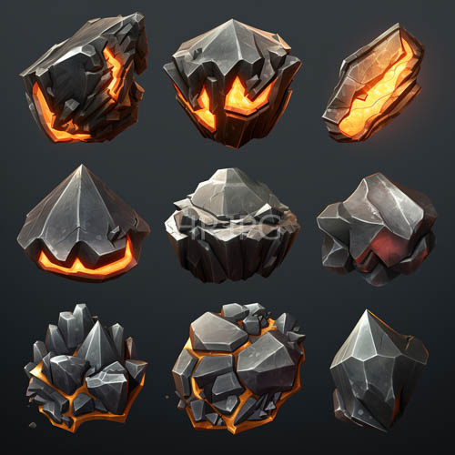 internal orange illumination pulses from jagged dark gray geological rock forms