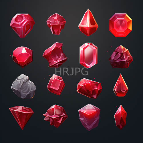 hexagonal rubies scatter across dark backgrounds near a gray rock