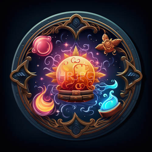 swirling orange flames envelop a central emblem beside a pink bubble