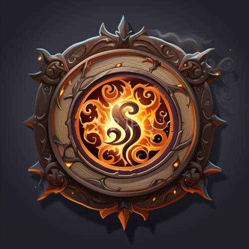 peripheral iron spikes surround a burning wooden yin yang plaque centrally