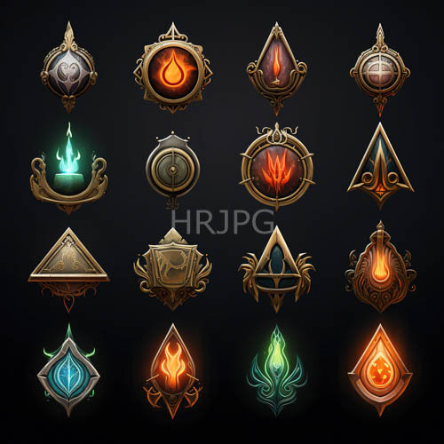 geometric gold frames enclose burning red flames and teal fire sigils