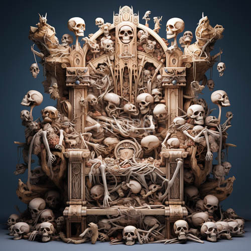 fractured ribs and vertebrae form the macabre structure of bone chairs