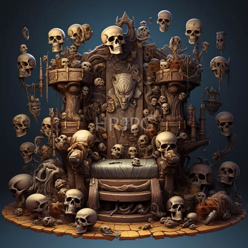 aged yellowed bone textures characterize decaying skulls dressing a grand throne