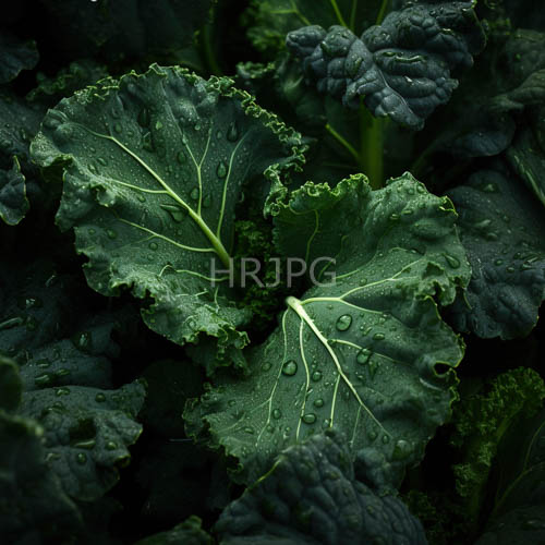 glistening water droplets cling to ruffled dark green kale borders