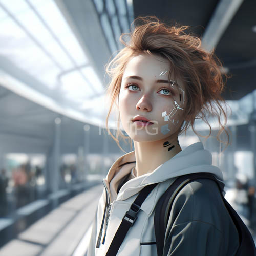 architectural station lines guide the eye toward a crisp white hoodie