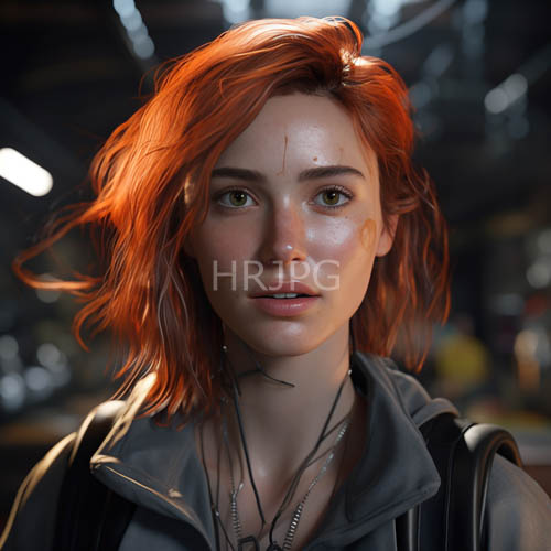 soft red hair waves contrast against a cool muted industrial palette