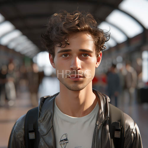 streaming sunlight illuminates a black leather jacket on a busy platform