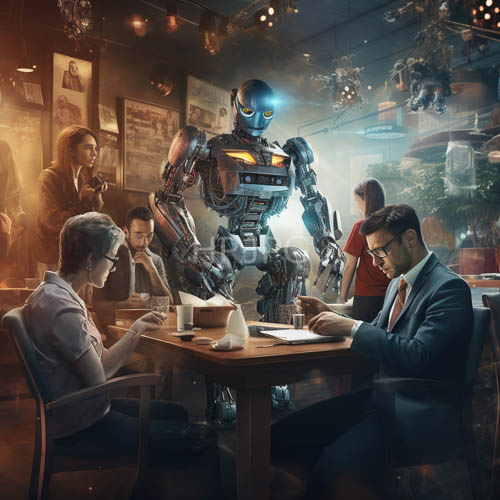 glossy metal robot surfaces catch soft blue light near walls