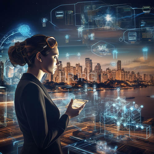 data streams cascade from a tablet over dark reflecting harbor waters