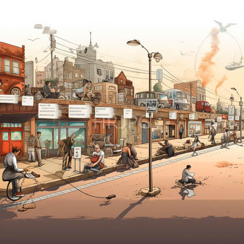 muted lampposts cast gentle glows over pedestrians sitting along a sidewalk