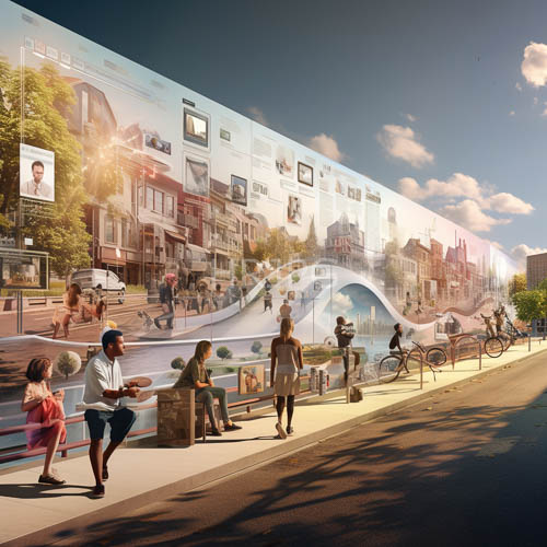 warm sunlight reflects off sleek building surfaces above a crowded sidewalk