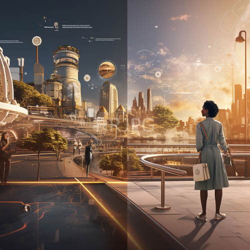 cylindrical skyscrapers crowned by holographic interfaces tower over a green balcony
