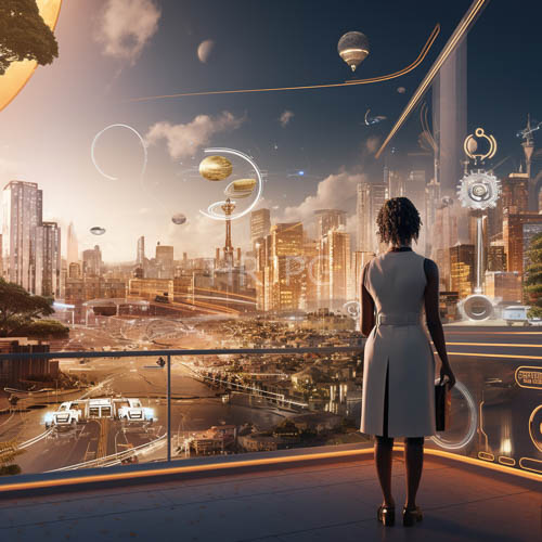 golden hour light reflects off towering glass structures and glowing billboards