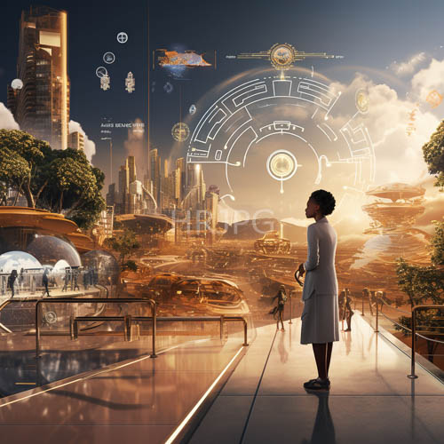 elevated walkways lead a lab coat wearer toward lush green trees