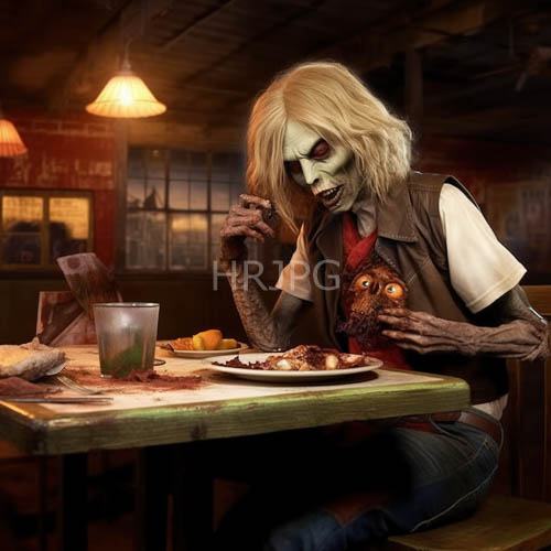 grotesque clawed hands clutch a clean cheeseburger on dirty diner tables