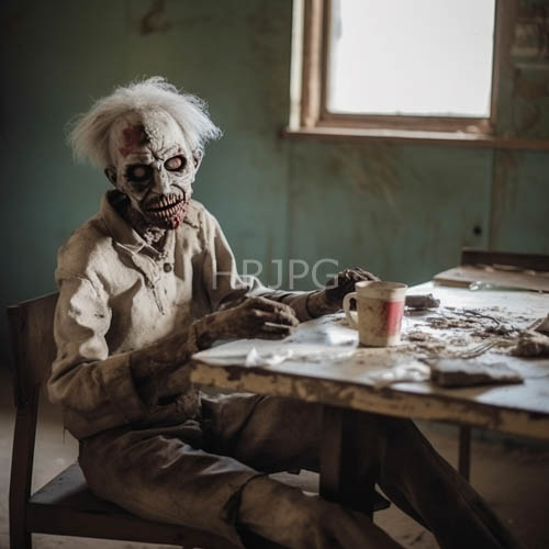 tattered beige clothes show ingrained dirt stains under suffocating dim light