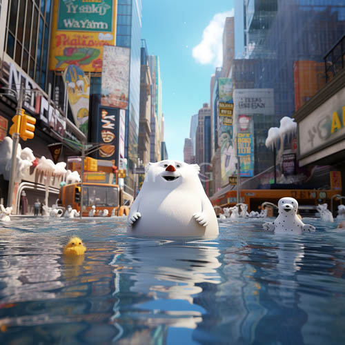 rising floodwaters submerge city streets beneath massive glowing fast food billboards