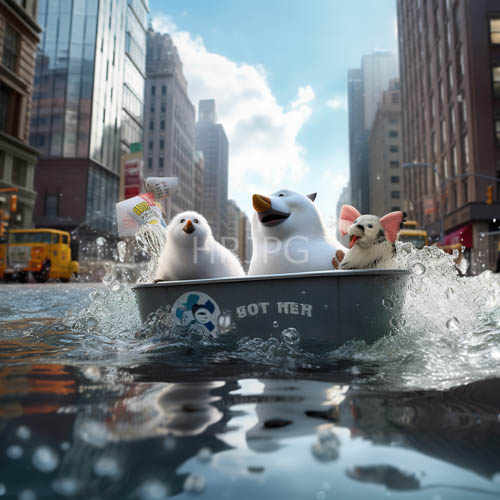 fluffy penguin goslings ride rubberized yellow boats past submerged glass towers