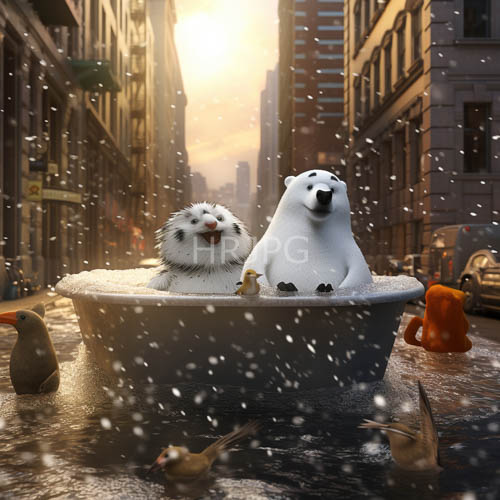 snowy bathtubs shelter a hamster sitting beside a large polar bear