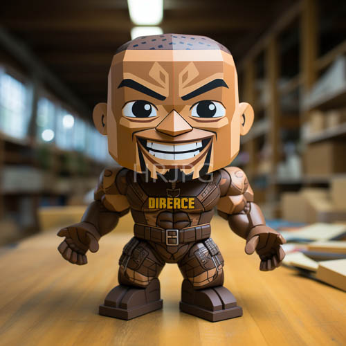 brown tactical gear dresses a muscular chibi figure on wooden tables