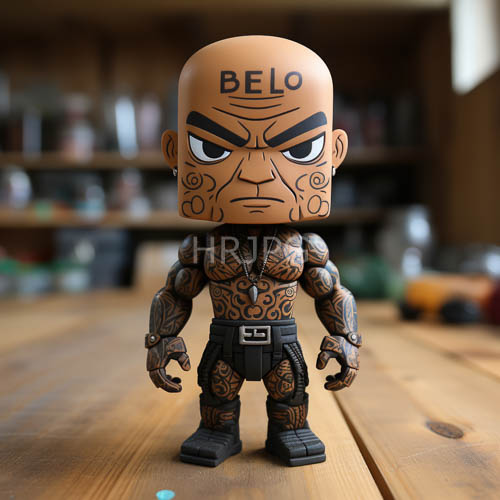 prominent belt buckles secure dark pants on a muscular tattooed figure
