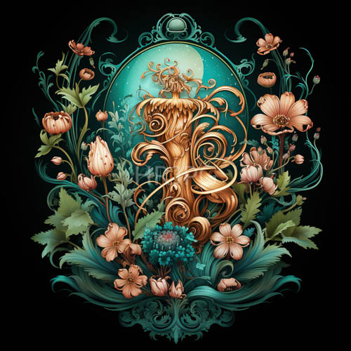 pink lotus flowers with detailed petals surround central swirling gold vines