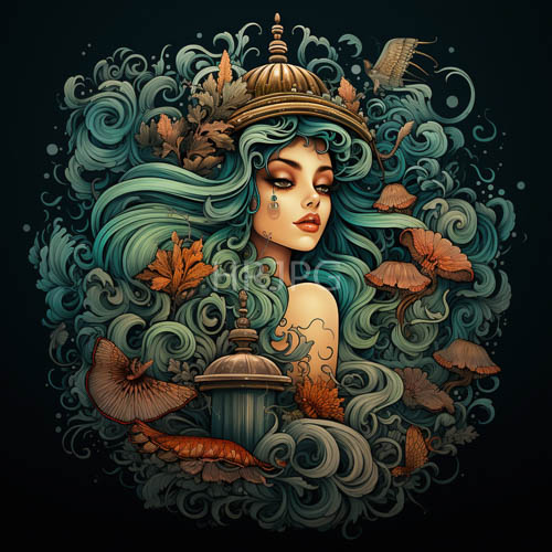 golden dome shaped hat adorned with leaves crowns a teal haired woman