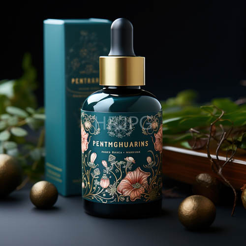 dark green perfume bottle stands framed by lush foliage and golden balls