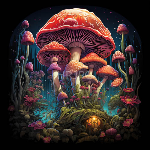 large red and orange spotted mushrooms glow like lanterns in darkness
