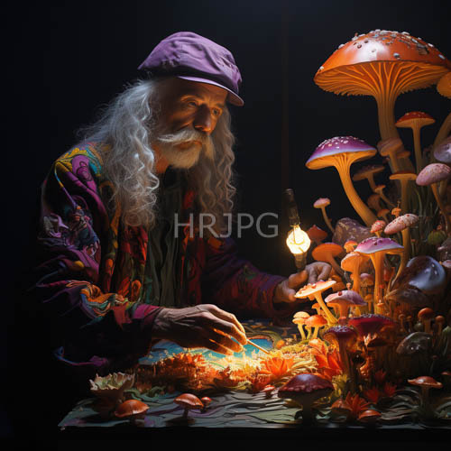 glowing light bulb atop orange mushrooms illuminates a purple clad man
