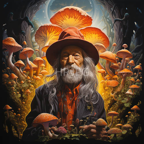 High Resolution: Massive fungi caps loom behind an elderly man in red hat download. | HRJPG.com