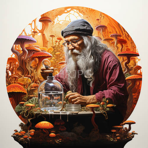 vibrant orange red mushrooms illuminate an alchemist brewing a potion centrally