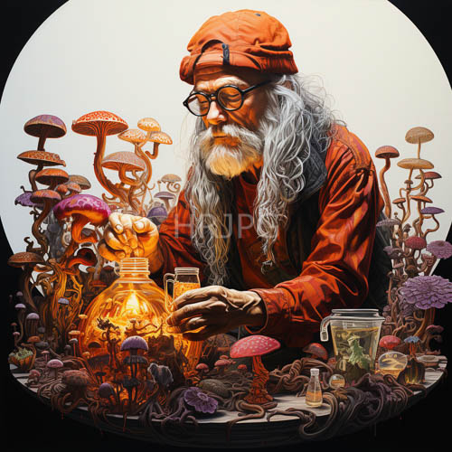 High Resolution: Glowing amber bottle perches atop glass jars near vibrant table mushrooms download. | HRJPG.com