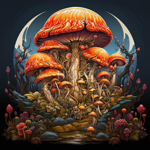 colossal orange and red mushrooms radiate a warm glow over moss