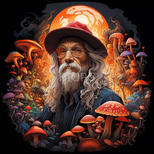 glowing orange moonlight illuminates vibrant mushrooms around a wise gray sage