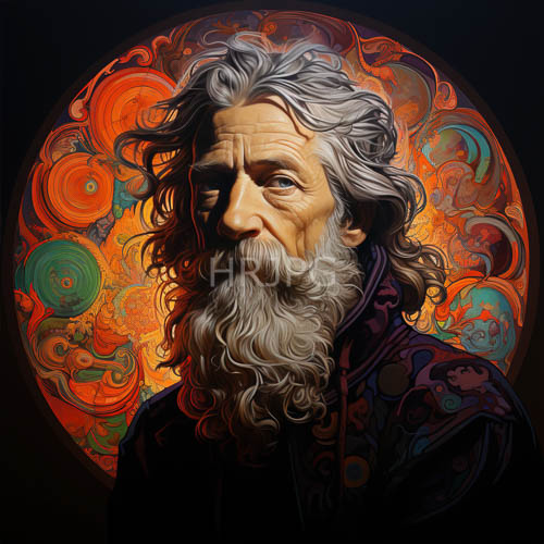 High Resolution: Vibrant orange red circular backgrounds frame a wise elderly sage portrait download. | HRJPG.com