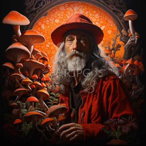 arch shaped glowing light patterns frame an elderly sage before mushrooms