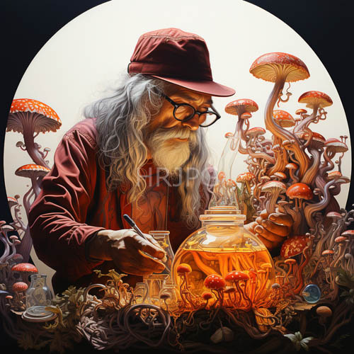 vibrant orange red mushrooms surround an elderly man writing inside jars