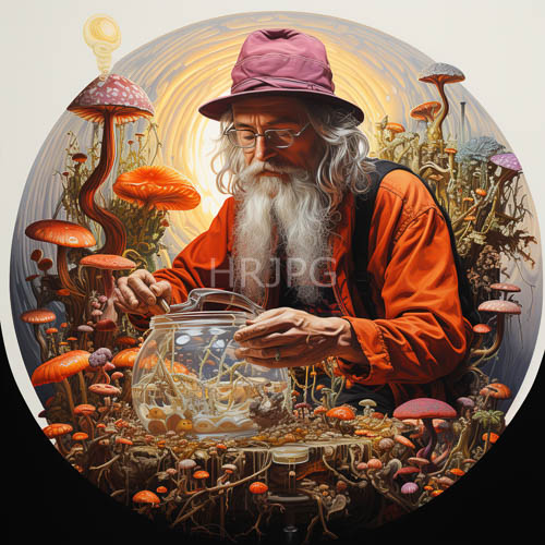 swirling golden light bathes a mushroom forager holding a glass jar