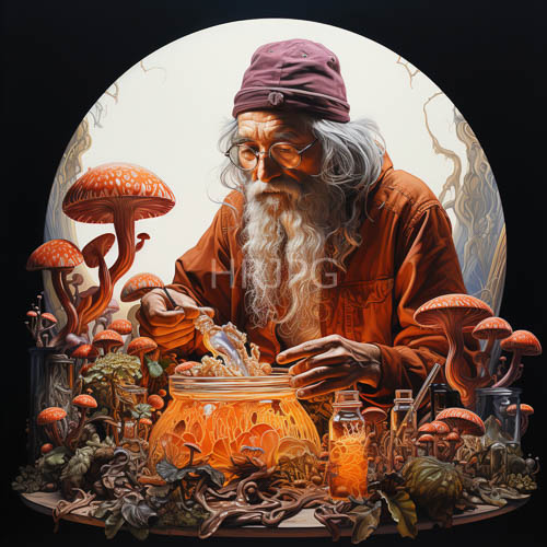 large glass jars filled with bubbling orange potions stand near books