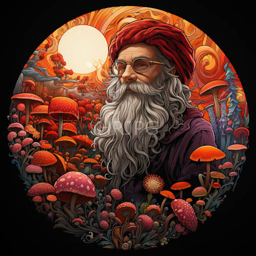 vibrant red turban cascades around a weathered face near violet mushrooms