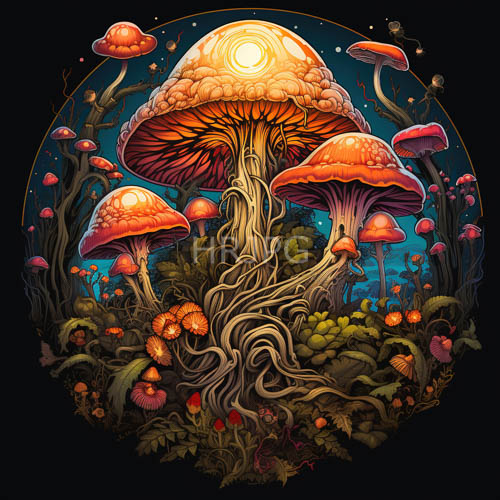 High Resolution: Glowing centers atop large orange mushrooms illuminate thick twisted roots cleanly download. | HRJPG.com