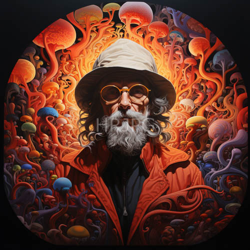 swirling tentacle shapes dominate a vibrant orange red background behind glasses