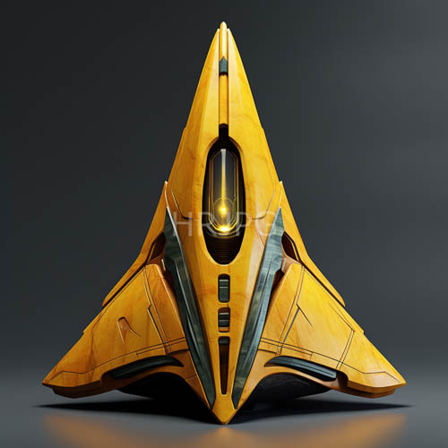 angular yellow orange spacecraft with triangular wings reflect light against gray